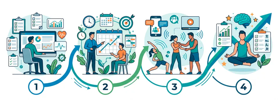 Les 4 étapes de l’accompagnement : 1. diagnostic, 2. objectif et plan, 3. pratique et suivi, 4. autonomie